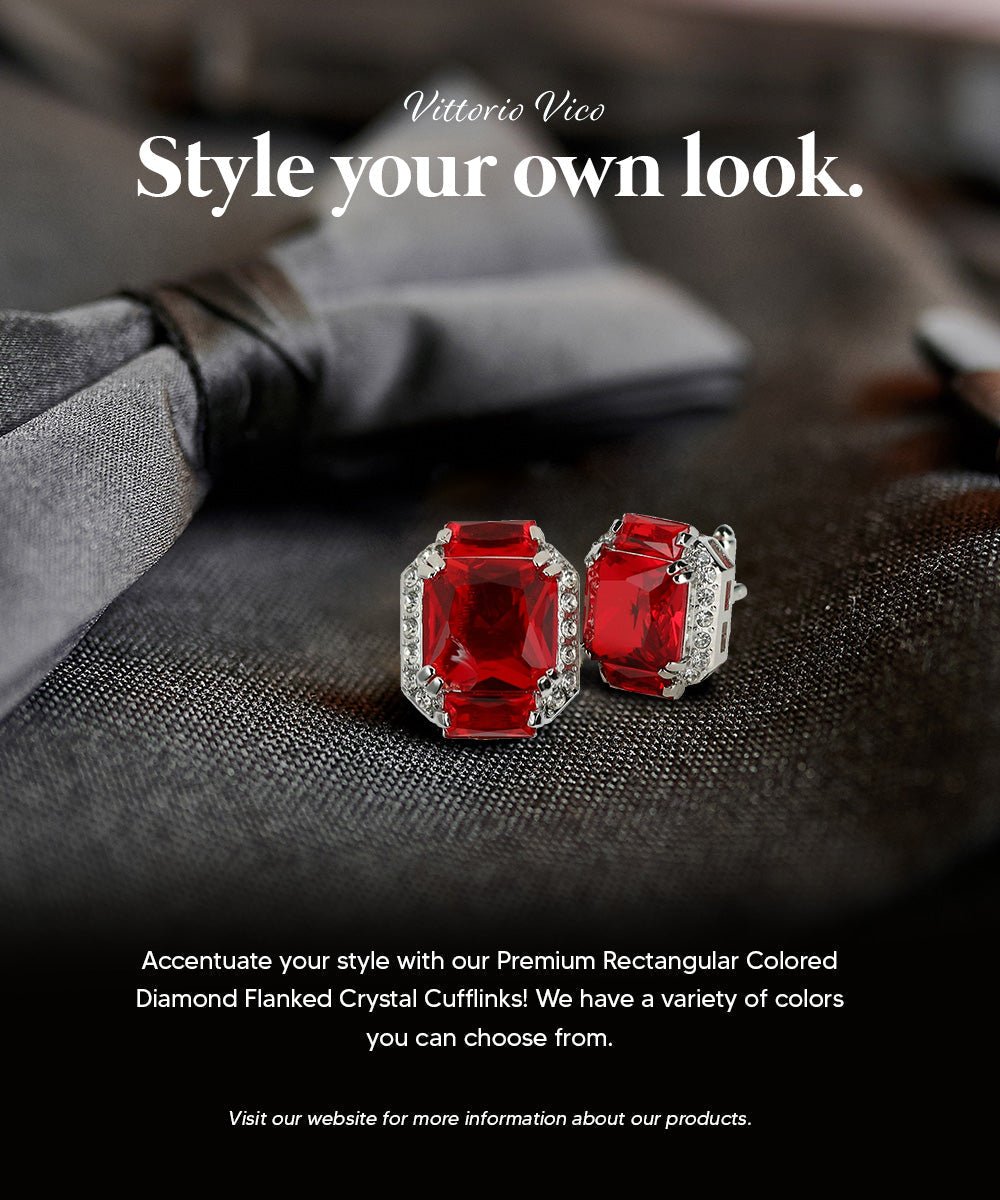 Vittorio Vico Large Rectangular Diamond Flanked Colorstone Crystal Cufflinks: CL 74XX Series - Suits You Sir - Red and Silver -