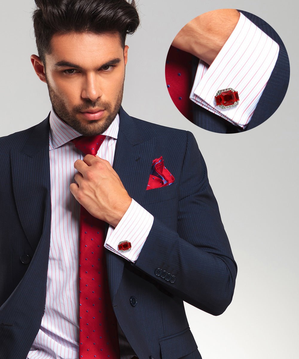 Vittorio Vico Large Rectangular Diamond Flanked Colorstone Crystal Cufflinks: CL 74XX Series - Suits You Sir - Red and Silver -