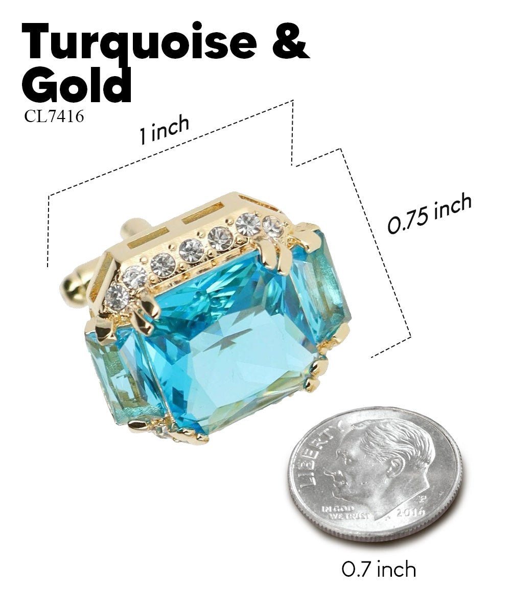 Vittorio Vico Large Rectangular Diamond Flanked Colorstone Crystal Cufflinks: CL 74XX Series - Suits You Sir - Turquoise and Gold -