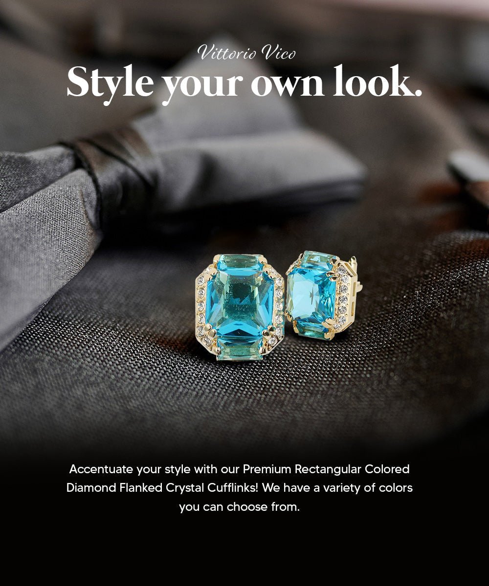 Vittorio Vico Large Rectangular Diamond Flanked Colorstone Crystal Cufflinks: CL 74XX Series - Suits You Sir - Turquoise and Gold -