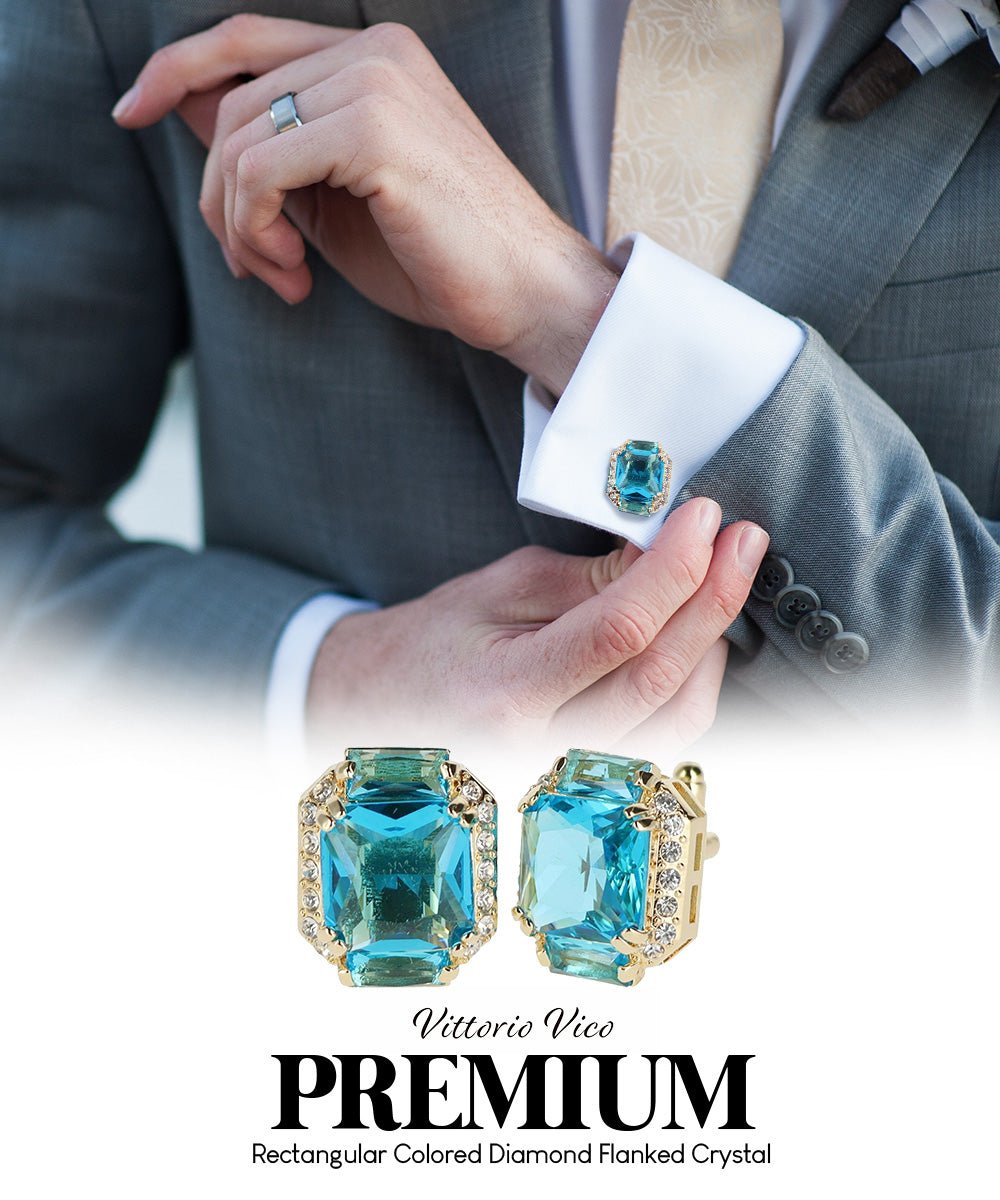Vittorio Vico Large Rectangular Diamond Flanked Colorstone Crystal Cufflinks: CL 74XX Series - Suits You Sir - Turquoise and Gold -