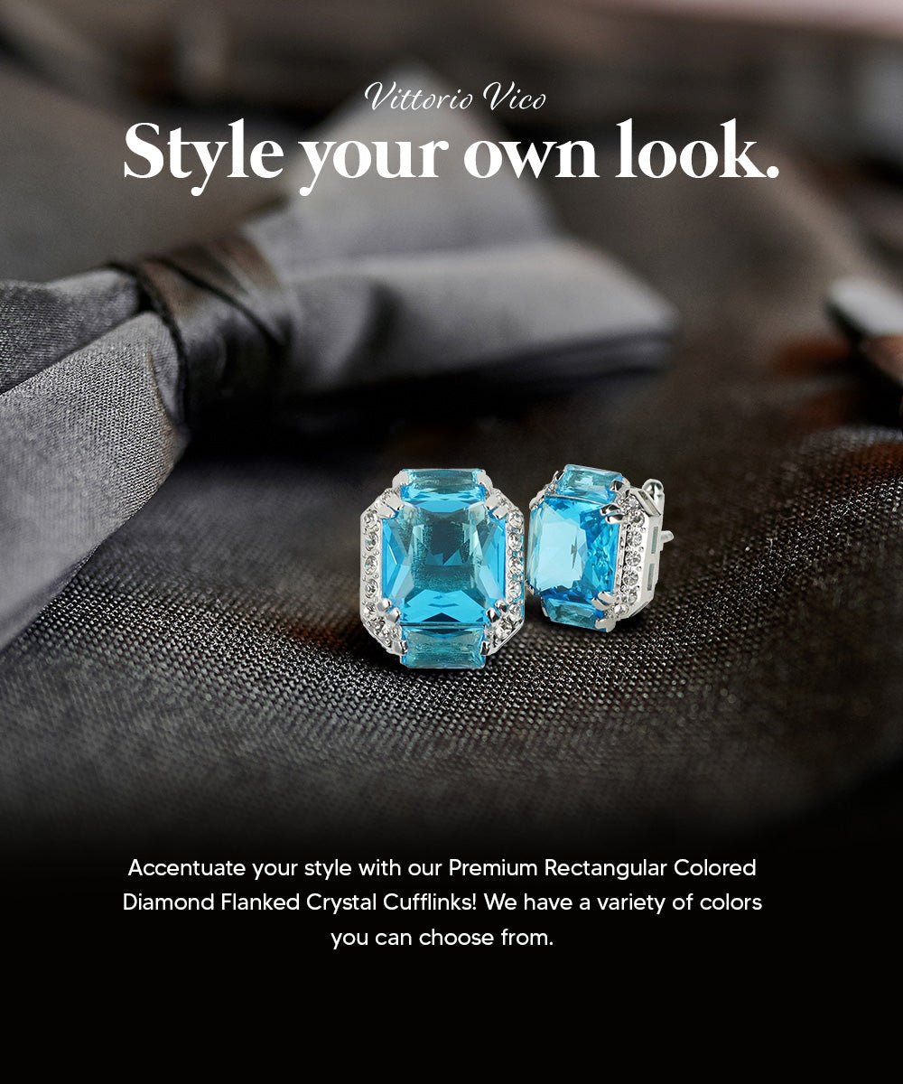 Vittorio Vico Large Rectangular Diamond Flanked Colorstone Crystal Cufflinks: CL 74XX Series - Suits You Sir - Turquoise and Silver -
