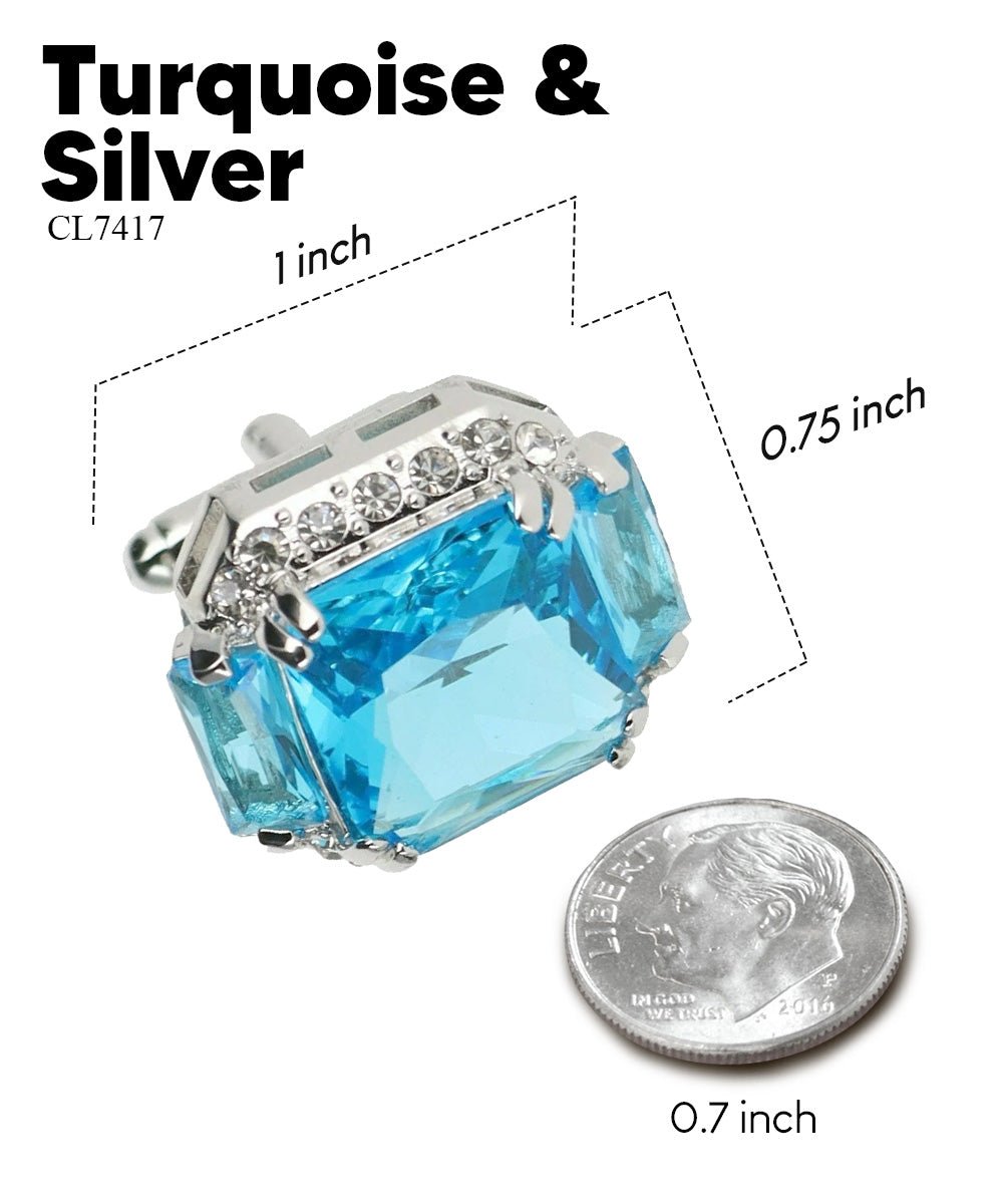 Vittorio Vico Large Rectangular Diamond Flanked Colorstone Crystal Cufflinks: CL 74XX Series - Suits You Sir - Turquoise and Silver -