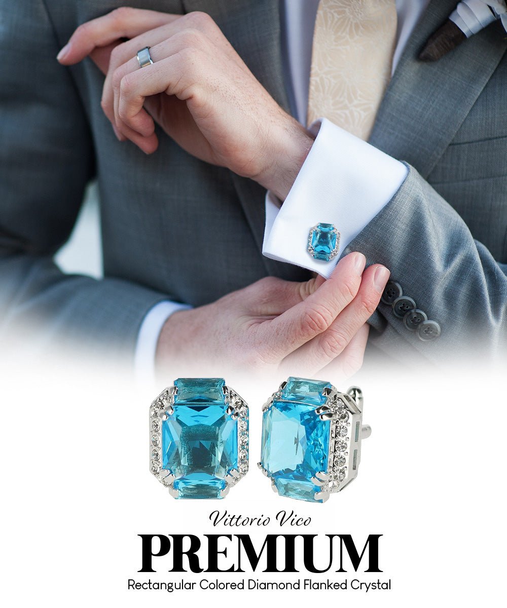 Vittorio Vico Large Rectangular Diamond Flanked Colorstone Crystal Cufflinks: CL 74XX Series - Suits You Sir - Turquoise and Silver -