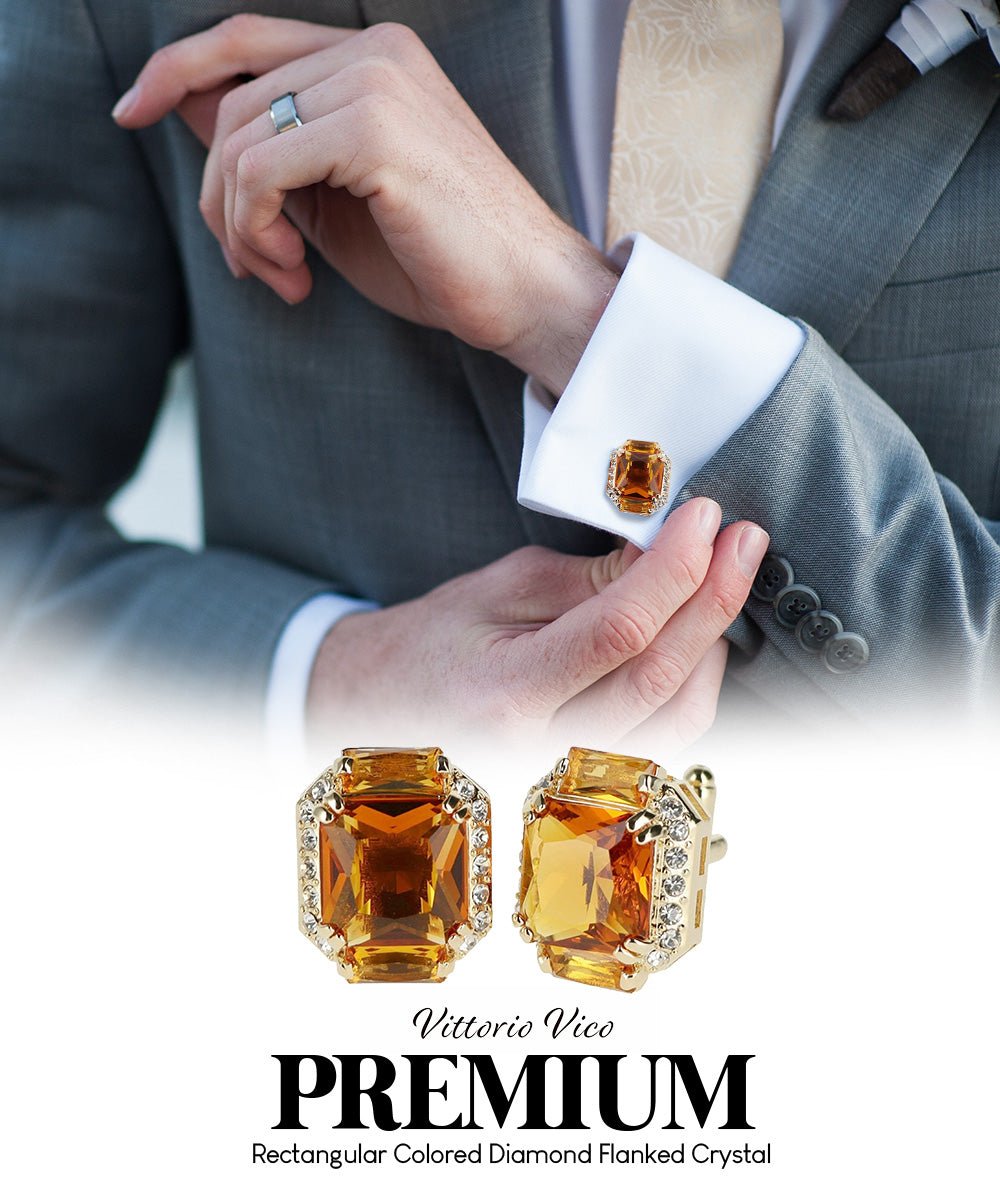 Vittorio Vico Large Rectangular Diamond Flanked Colorstone Crystal Cufflinks: CL 74XX Series - Suits You Sir - Yellow and Gold -