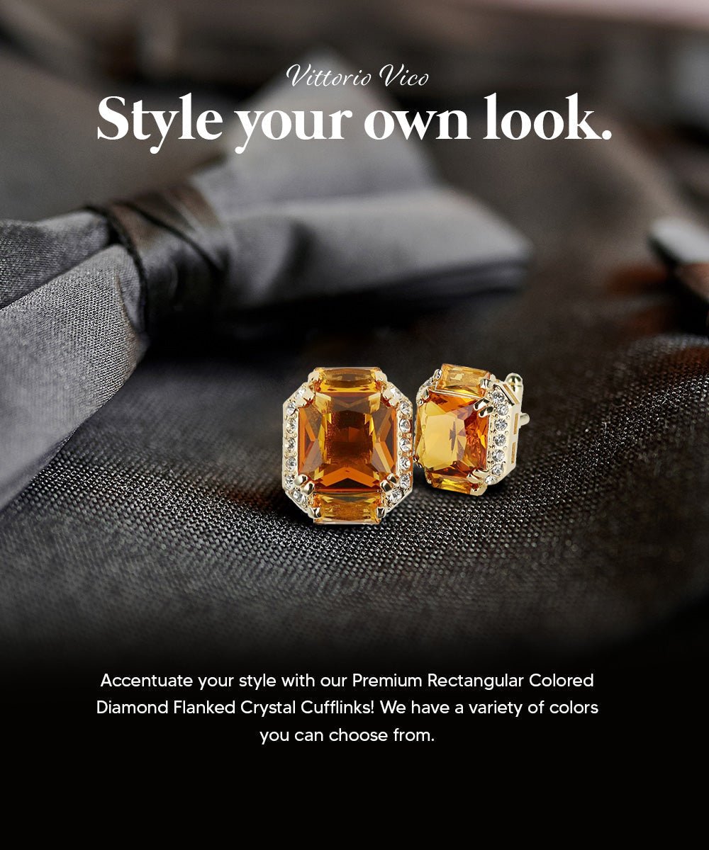 Vittorio Vico Large Rectangular Diamond Flanked Colorstone Crystal Cufflinks: CL 74XX Series - Suits You Sir - Yellow and Gold -