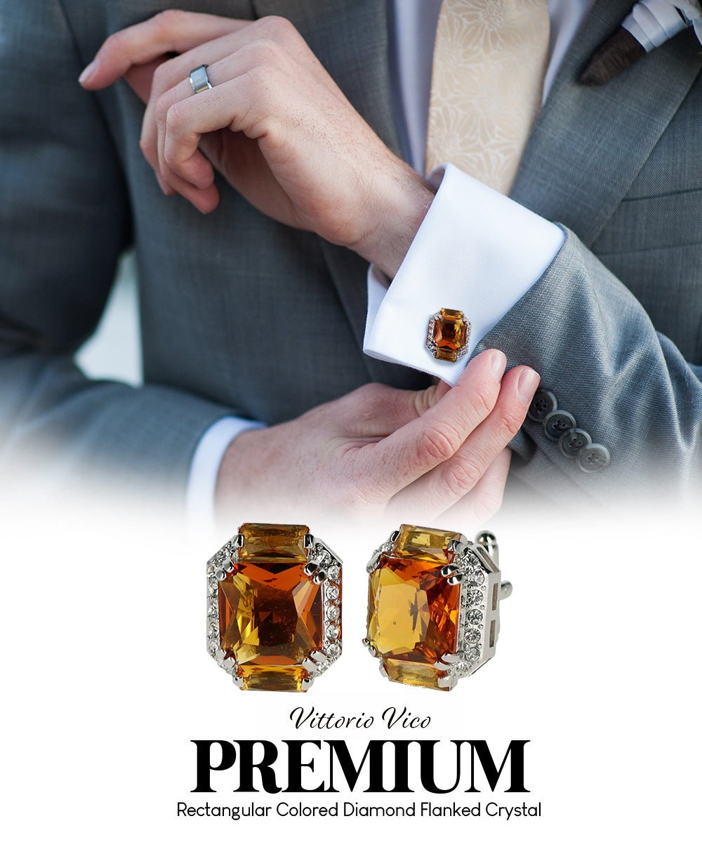 Vittorio Vico Large Rectangular Diamond Flanked Colorstone Crystal Cufflinks: CL 74XX Series - Suits You Sir - Yellow and Silver -
