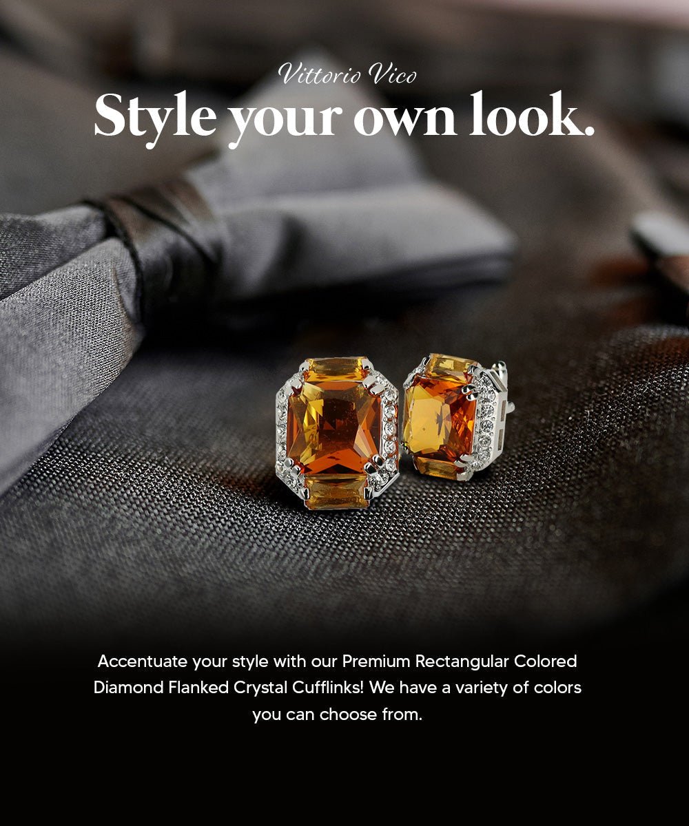 Vittorio Vico Large Rectangular Diamond Flanked Colorstone Crystal Cufflinks: CL 74XX Series - Suits You Sir - Yellow and Silver -
