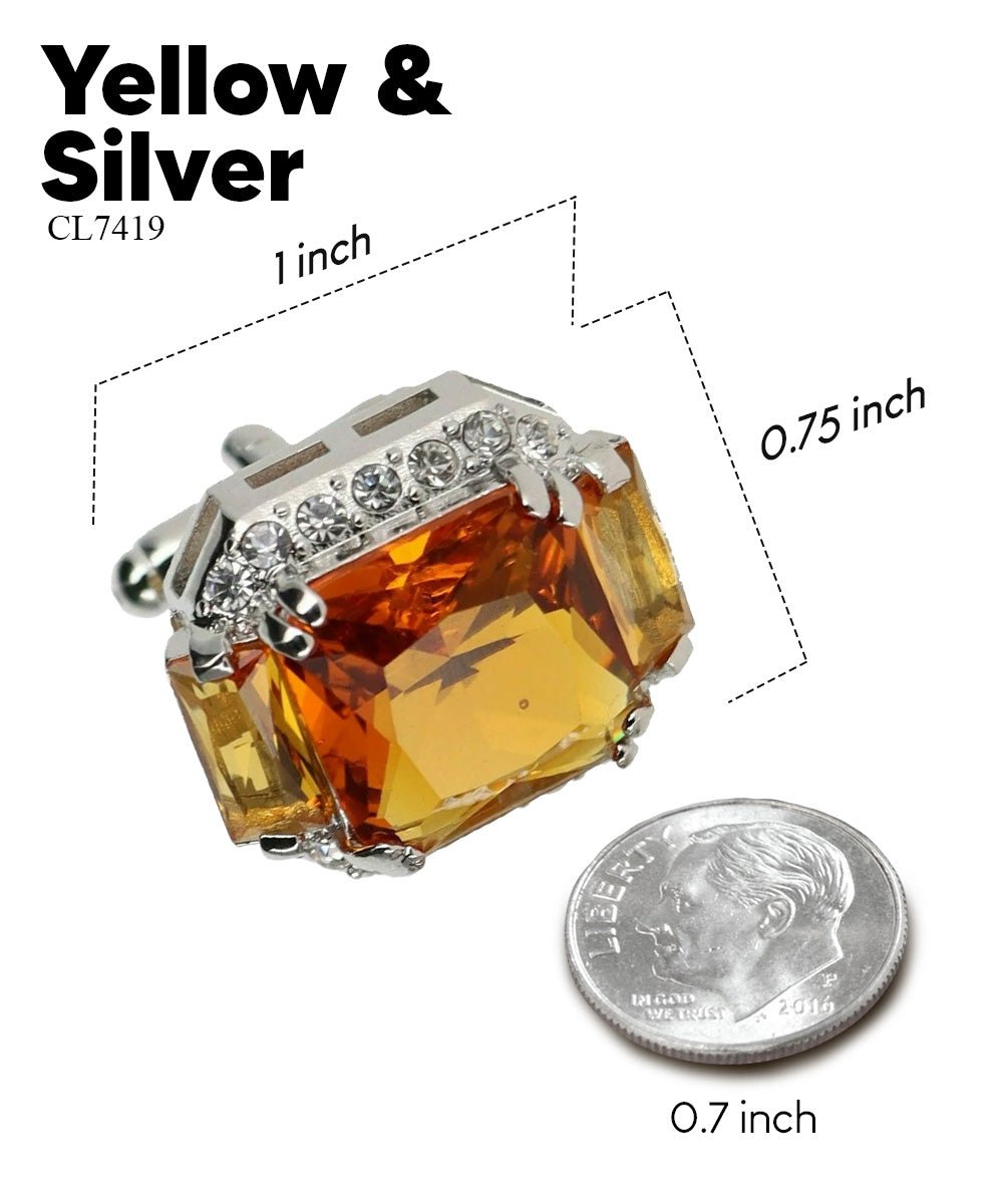Vittorio Vico Large Rectangular Diamond Flanked Colorstone Crystal Cufflinks: CL 74XX Series - Suits You Sir - Yellow and Silver -