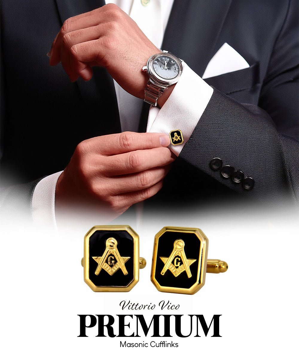 Vittorio Vico Masonic Themed Cufflinks: CL39XX Series - Suits You Sir - Onyx and Gold -