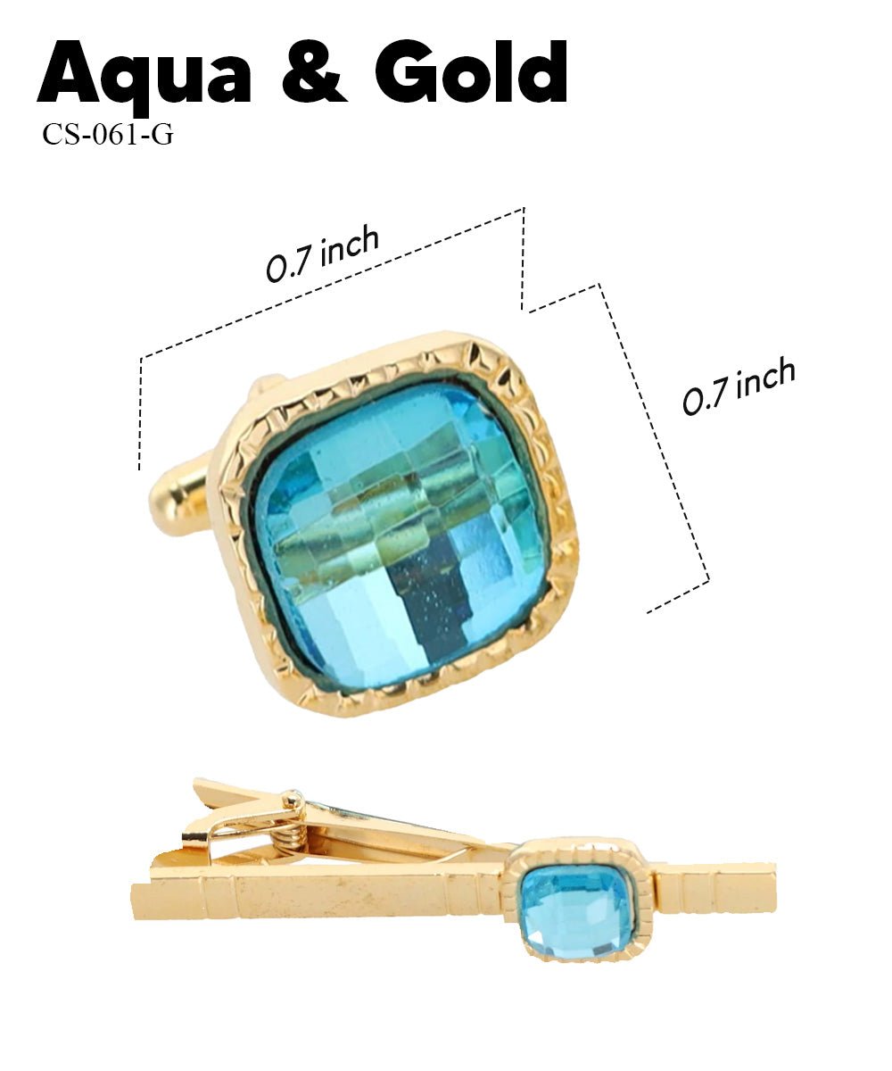 Vittorio Vico Men's Colored Crystal Cufflink & Tie Bar Set in Gift Box - Suits You Sir - Aqua and Gold -