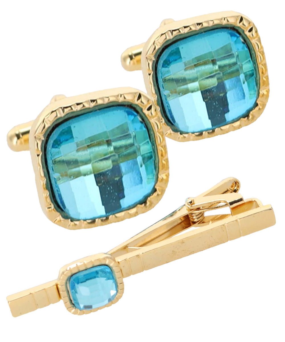 Vittorio Vico Men's Colored Crystal Cufflink & Tie Bar Set in Gift Box - Suits You Sir - Aqua and Gold -