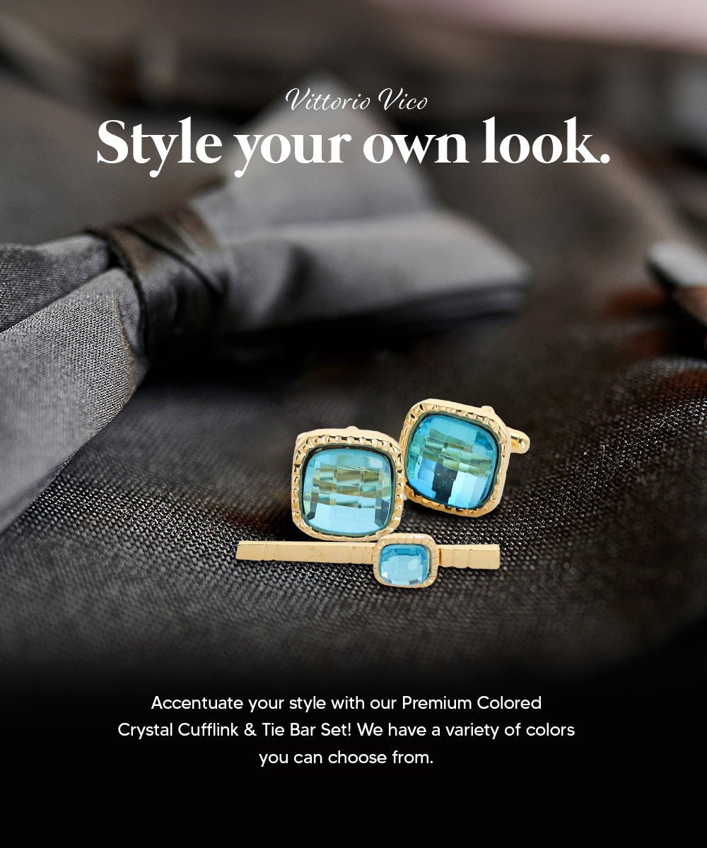 Vittorio Vico Men's Colored Crystal Cufflink & Tie Bar Set in Gift Box - Suits You Sir - Aqua and Gold -