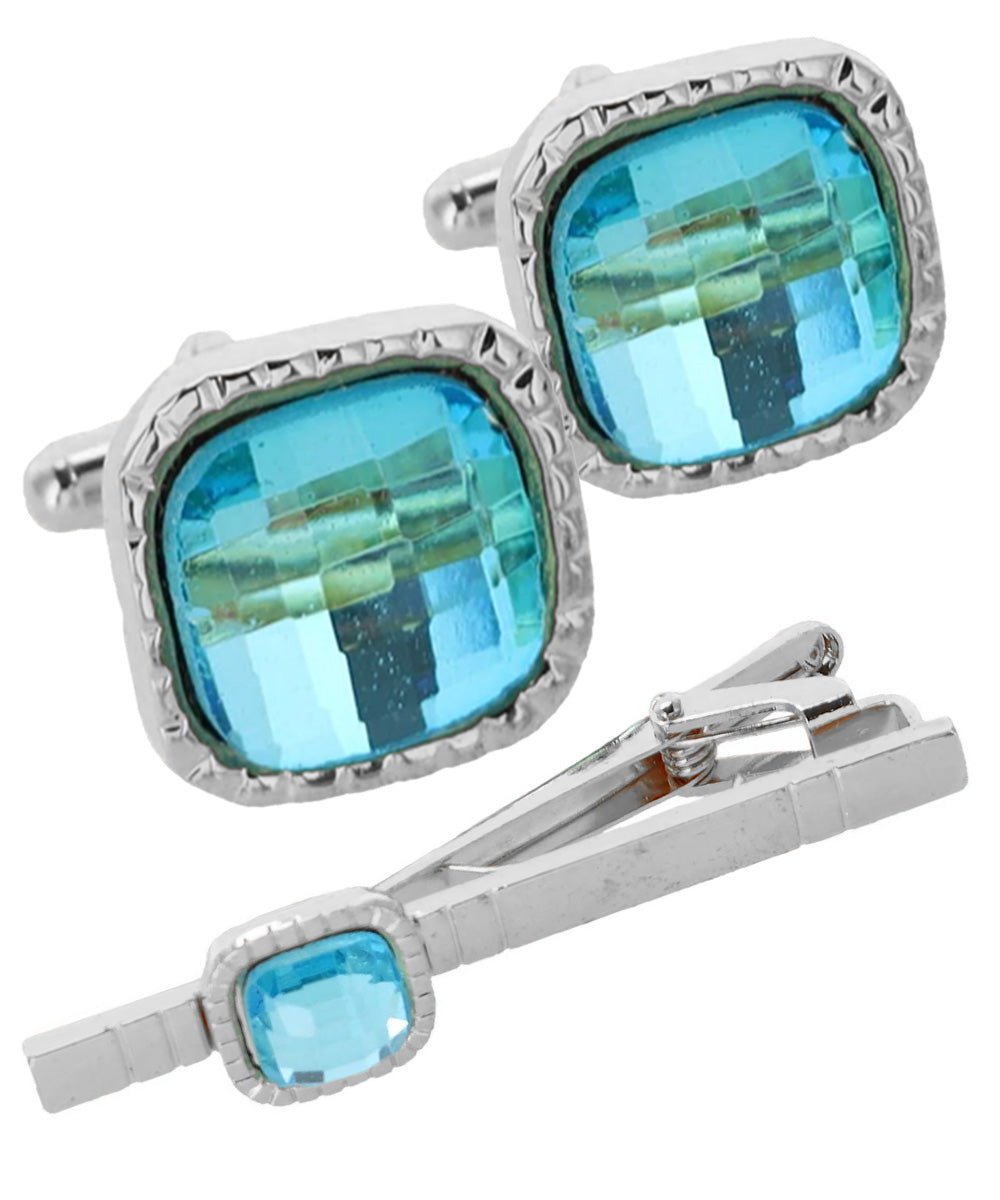 Vittorio Vico Men's Colored Crystal Cufflink & Tie Bar Set in Gift Box - Suits You Sir - Aqua and Silver -