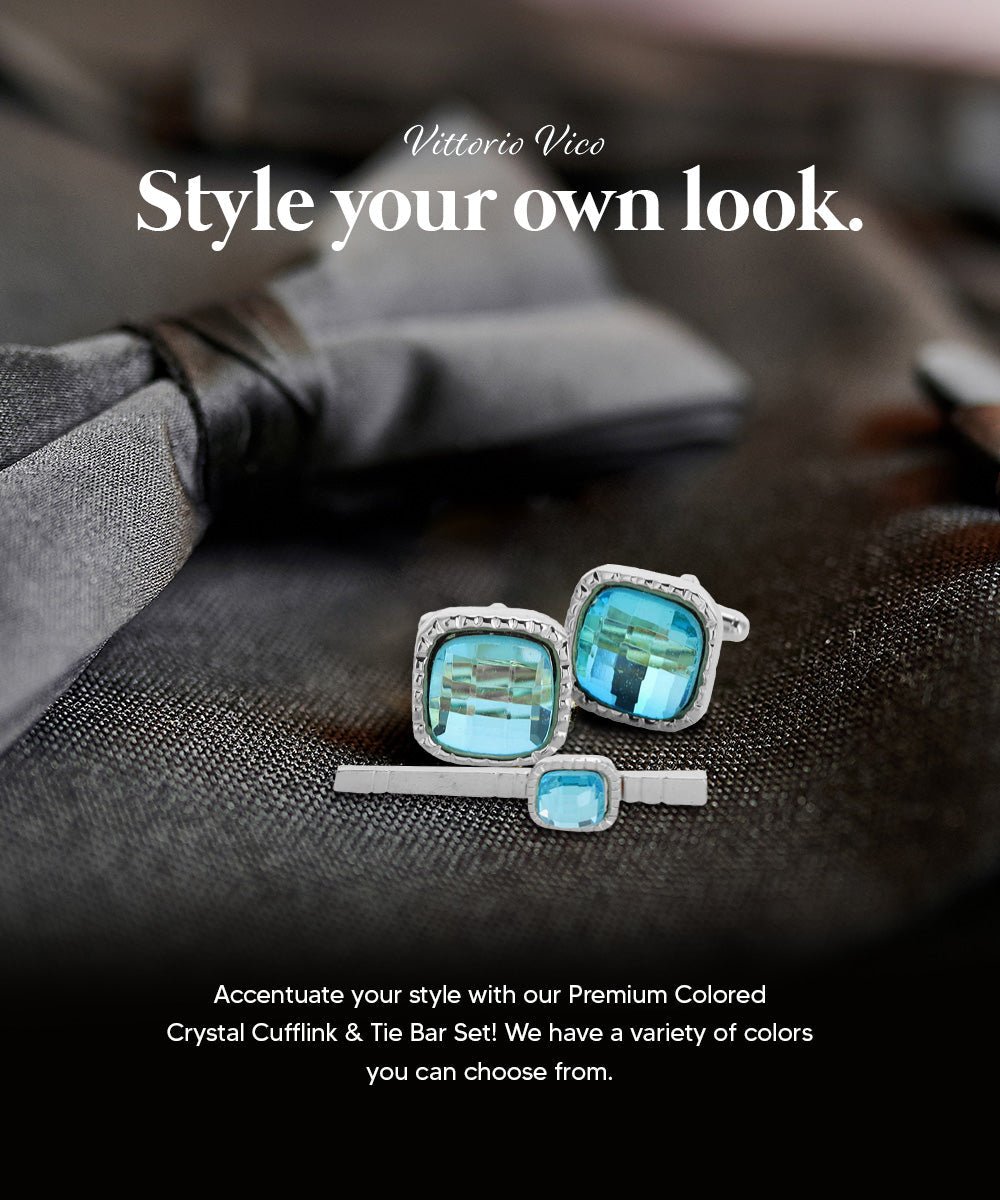 Vittorio Vico Men's Colored Crystal Cufflink & Tie Bar Set in Gift Box - Suits You Sir - Aqua and Silver -