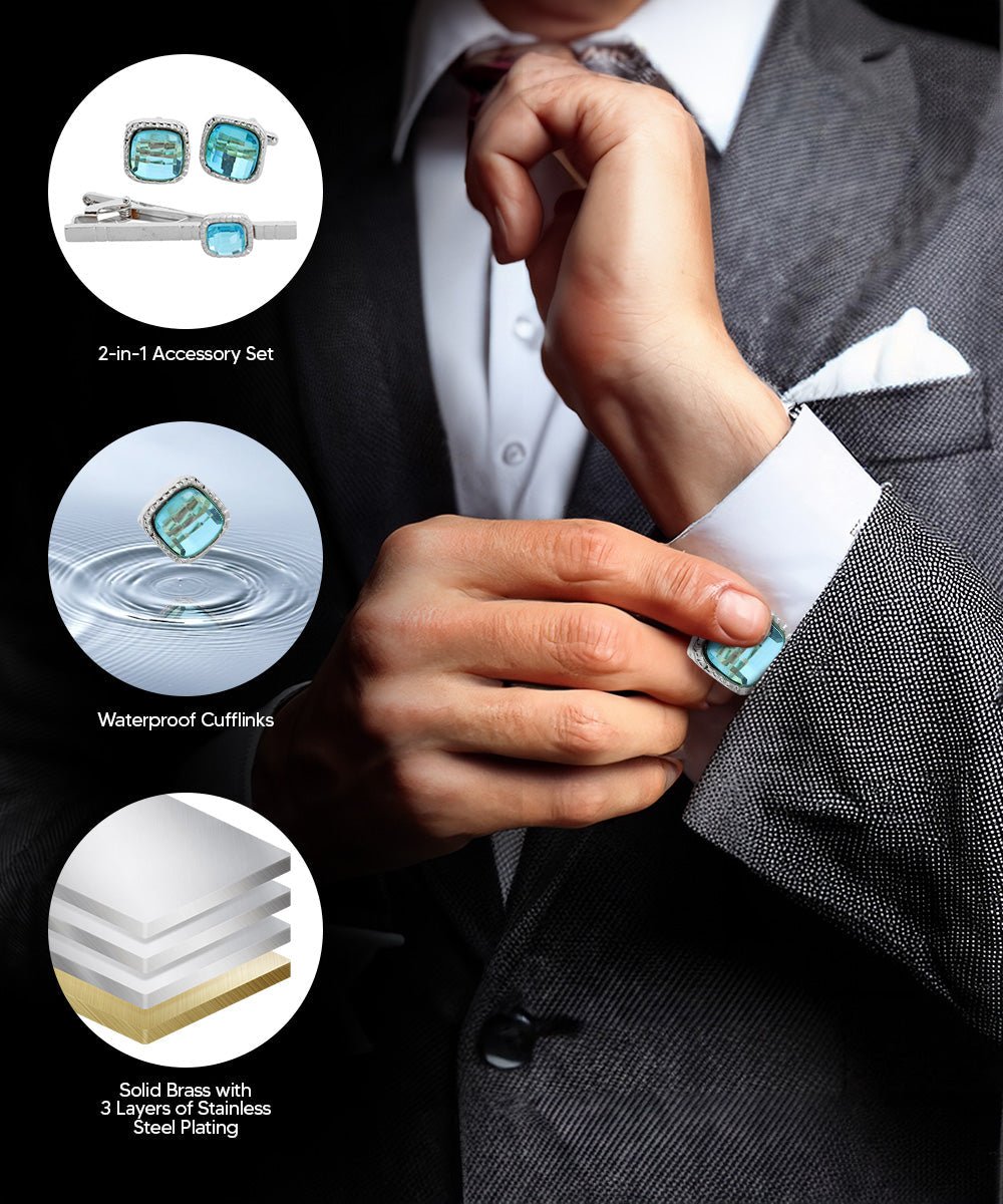 Vittorio Vico Men's Colored Crystal Cufflink & Tie Bar Set in Gift Box - Suits You Sir - Aqua and Silver -