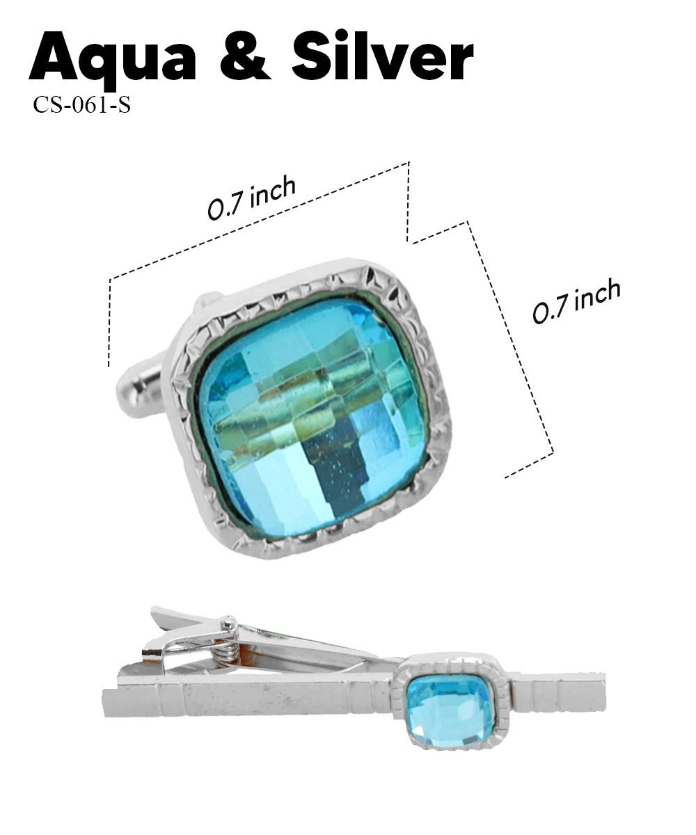 Vittorio Vico Men's Colored Crystal Cufflink & Tie Bar Set in Gift Box - Suits You Sir - Aqua and Silver -