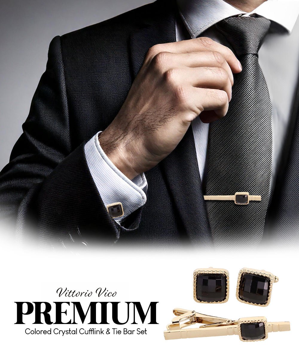 Vittorio Vico Men's Colored Crystal Cufflink & Tie Bar Set in Gift Box - Suits You Sir - Black and Gold -