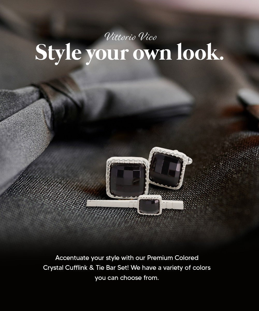 Vittorio Vico Men's Colored Crystal Cufflink & Tie Bar Set in Gift Box - Suits You Sir - Black and Gold -