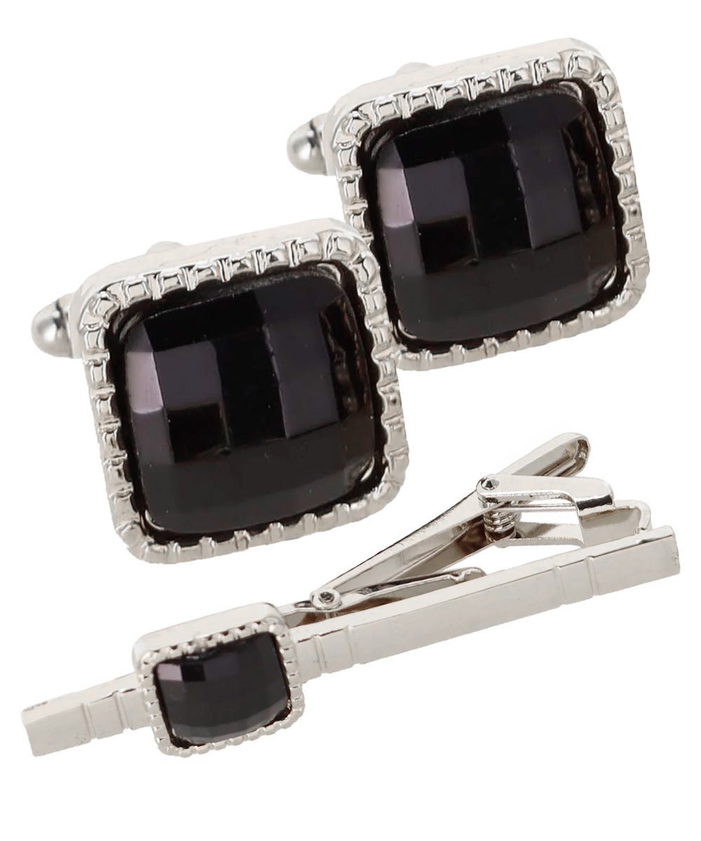 Vittorio Vico Men's Colored Crystal Cufflink & Tie Bar Set in Gift Box - Suits You Sir - Black and Gold -