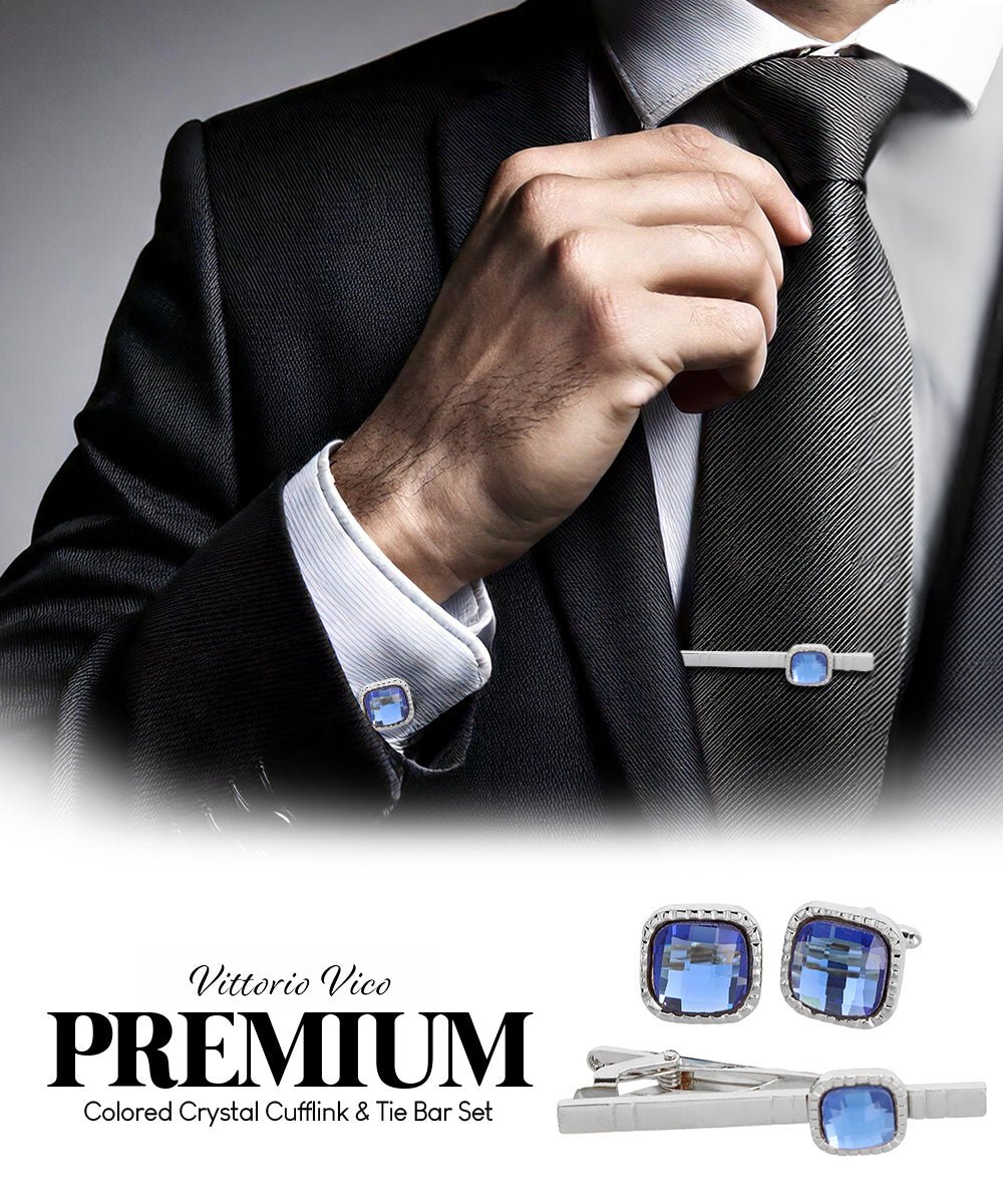 Vittorio Vico Men's Colored Crystal Cufflink & Tie Bar Set in Gift Box - Suits You Sir - Blue and Gold -