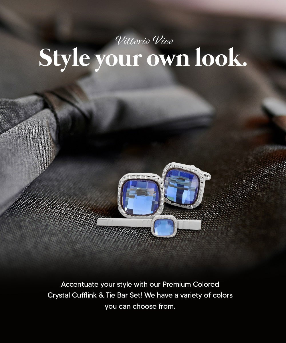 Vittorio Vico Men's Colored Crystal Cufflink & Tie Bar Set in Gift Box - Suits You Sir - Blue and Gold -