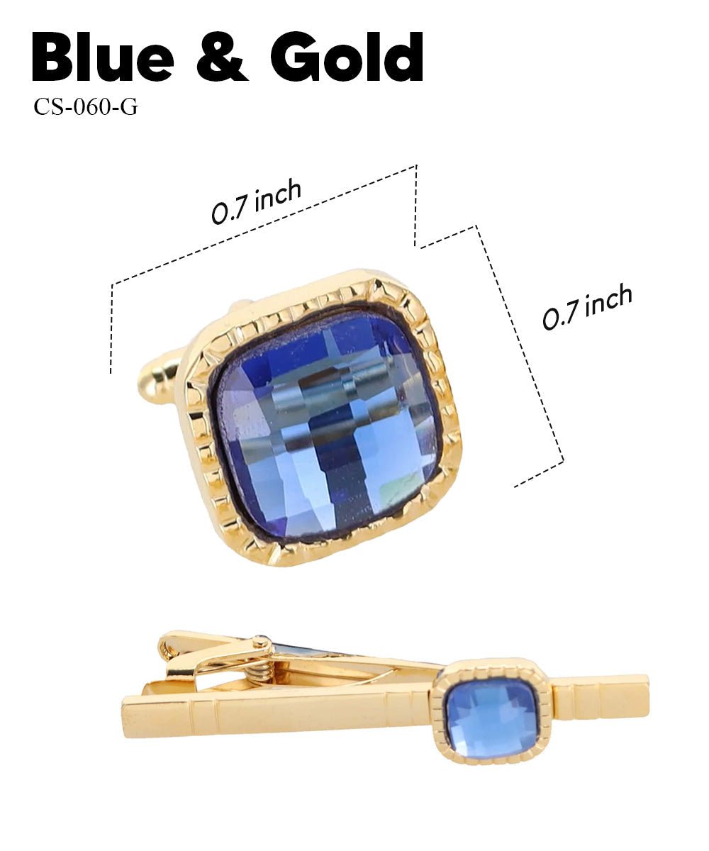 Vittorio Vico Men's Colored Crystal Cufflink & Tie Bar Set in Gift Box - Suits You Sir - Blue and Gold -