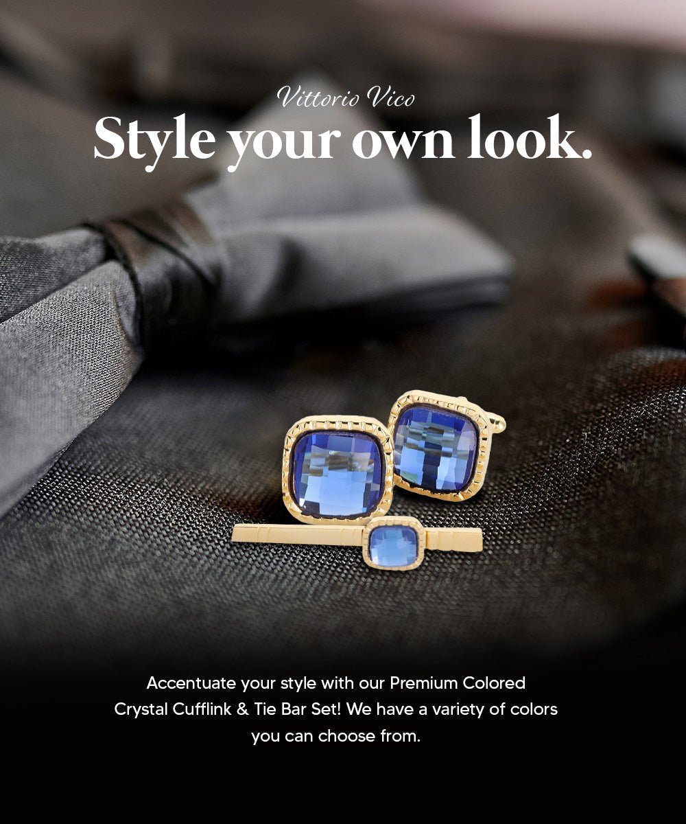 Vittorio Vico Men's Colored Crystal Cufflink & Tie Bar Set in Gift Box - Suits You Sir - Blue and Gold -