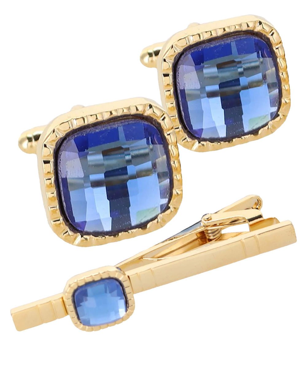 Vittorio Vico Men's Colored Crystal Cufflink & Tie Bar Set in Gift Box - Suits You Sir - Blue and Gold -