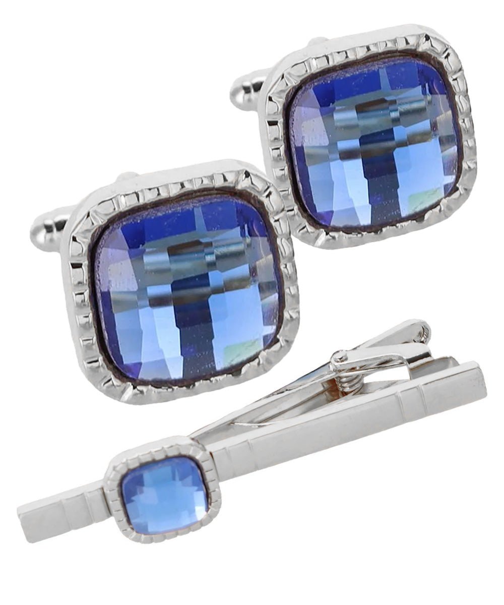 Vittorio Vico Men's Colored Crystal Cufflink & Tie Bar Set in Gift Box - Suits You Sir - Blue and Gold -