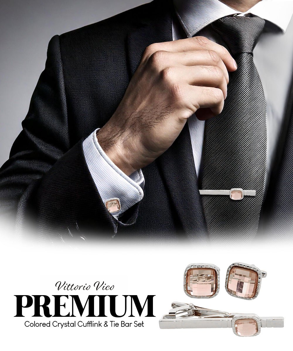 Vittorio Vico Men's Colored Crystal Cufflink & Tie Bar Set in Gift Box - Suits You Sir - Blush and Gold -