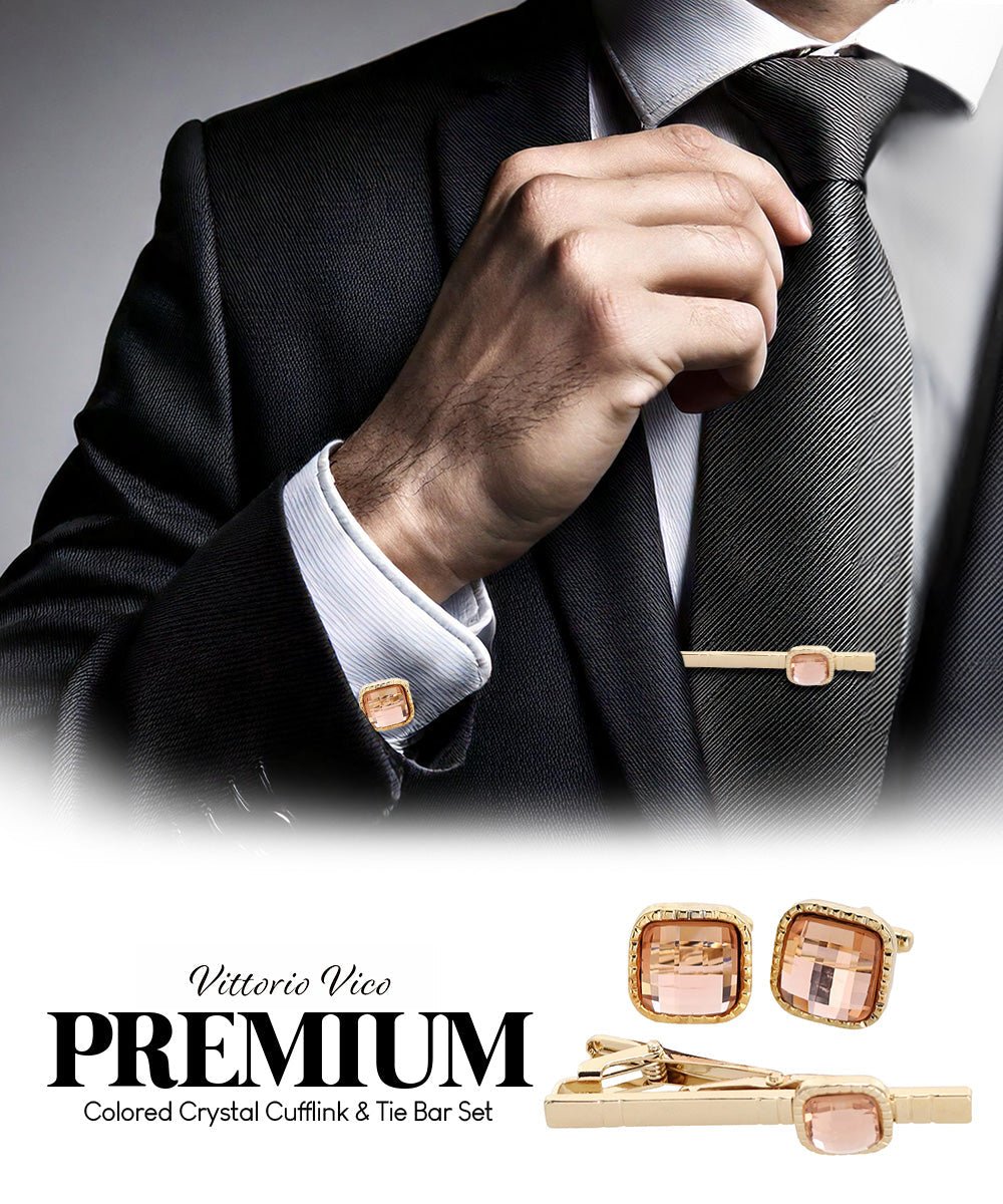 Vittorio Vico Men's Colored Crystal Cufflink & Tie Bar Set in Gift Box - Suits You Sir - Blush and Gold -