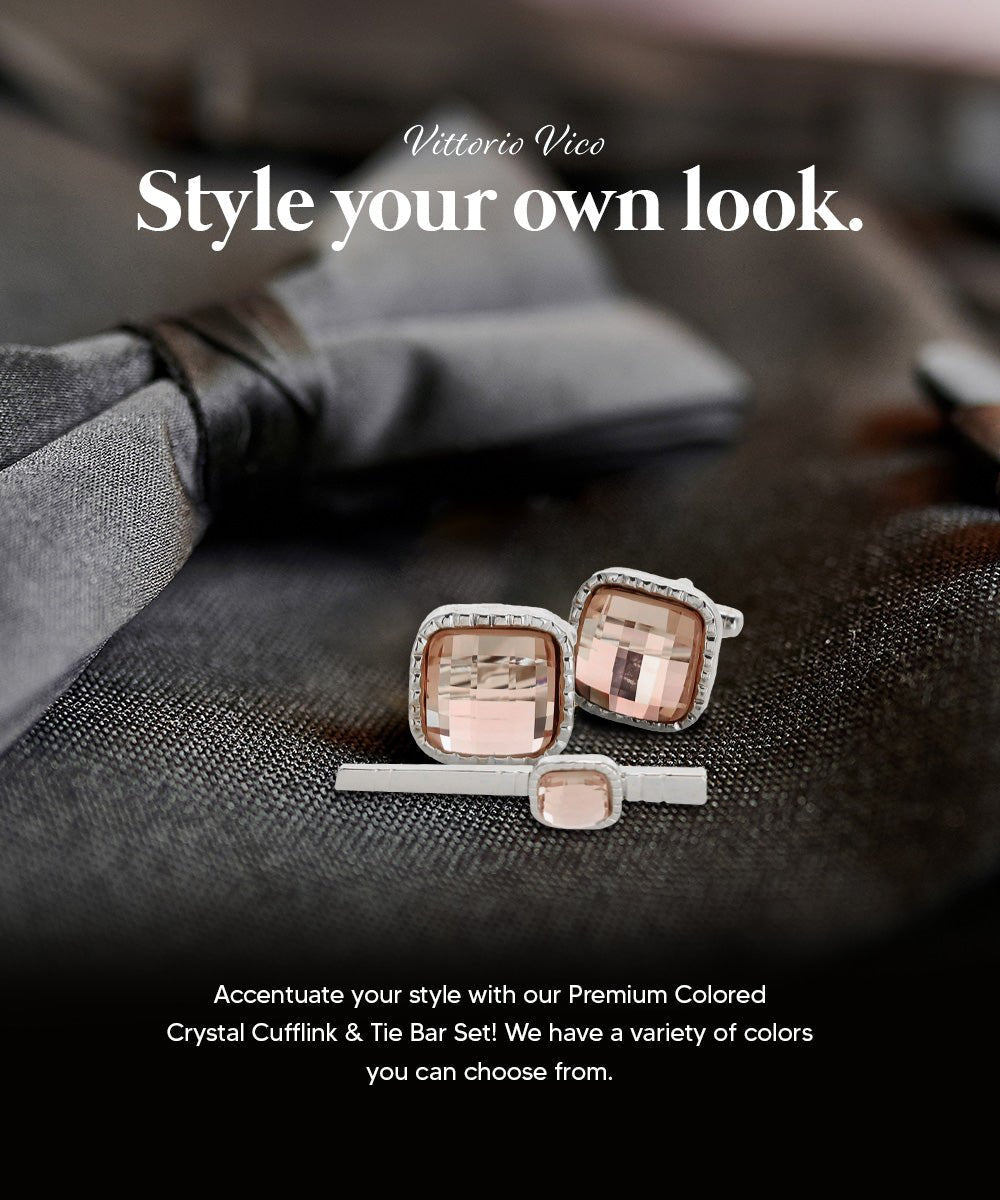 Vittorio Vico Men's Colored Crystal Cufflink & Tie Bar Set in Gift Box - Suits You Sir - Blush and Gold -