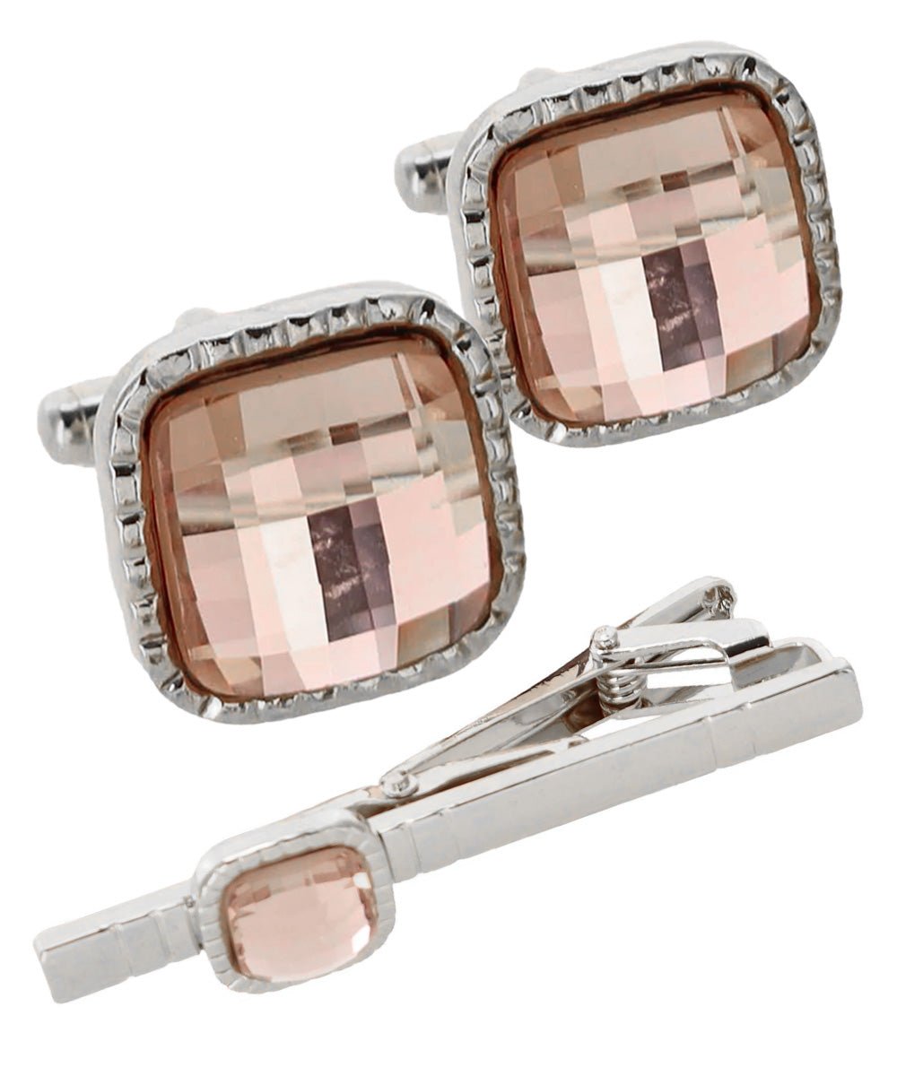 Vittorio Vico Men's Colored Crystal Cufflink & Tie Bar Set in Gift Box - Suits You Sir - Blush and Gold -