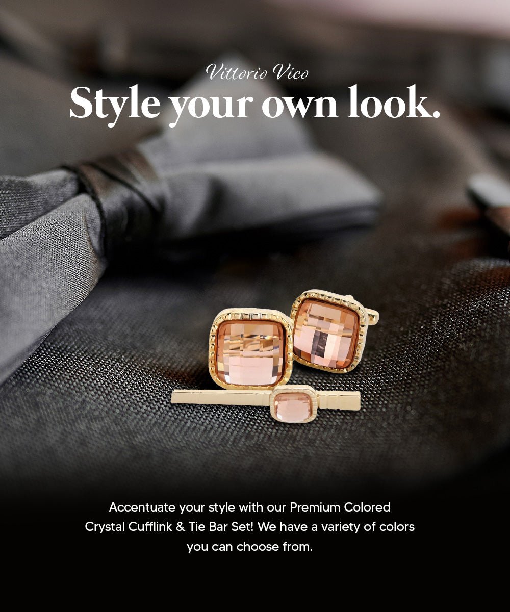 Vittorio Vico Men's Colored Crystal Cufflink & Tie Bar Set in Gift Box - Suits You Sir - Blush and Gold -