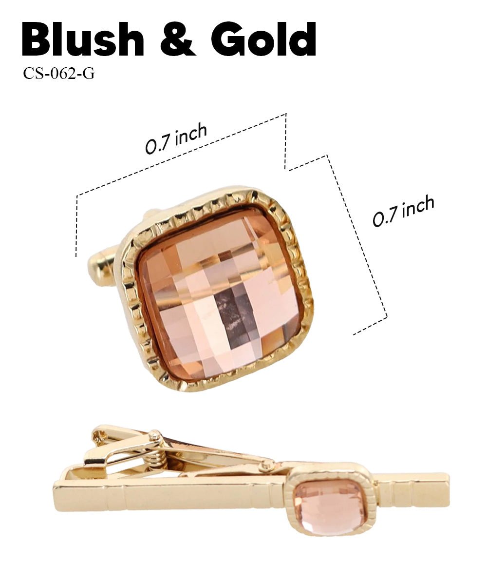 Vittorio Vico Men's Colored Crystal Cufflink & Tie Bar Set in Gift Box - Suits You Sir - Blush and Gold -