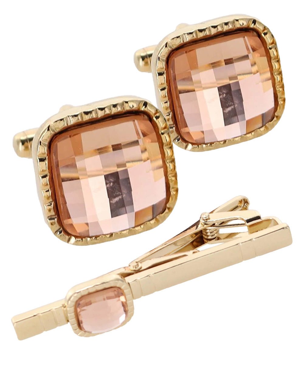 Vittorio Vico Men's Colored Crystal Cufflink & Tie Bar Set in Gift Box - Suits You Sir - Blush and Gold -