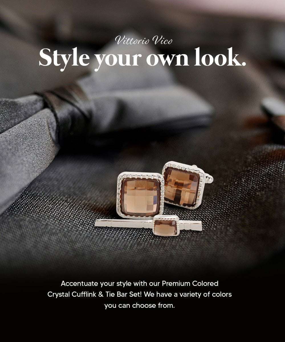 Vittorio Vico Men's Colored Crystal Cufflink & Tie Bar Set in Gift Box - Suits You Sir - Brown and Gold -