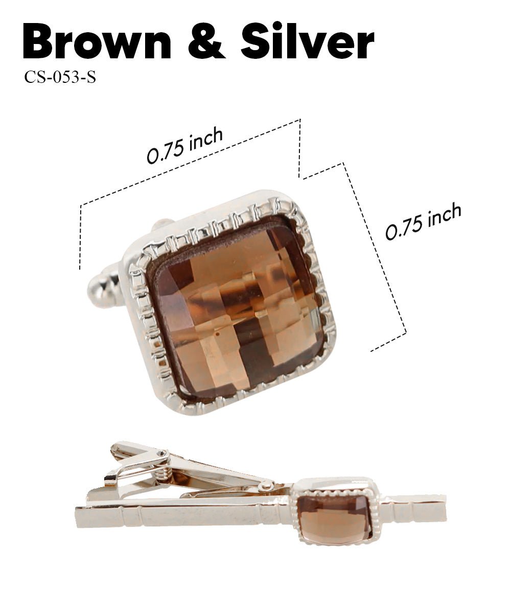 Vittorio Vico Men's Colored Crystal Cufflink & Tie Bar Set in Gift Box - Suits You Sir - Brown and Gold -