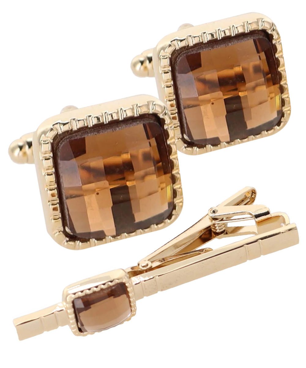 Vittorio Vico Men's Colored Crystal Cufflink & Tie Bar Set in Gift Box - Suits You Sir - Brown and Gold -