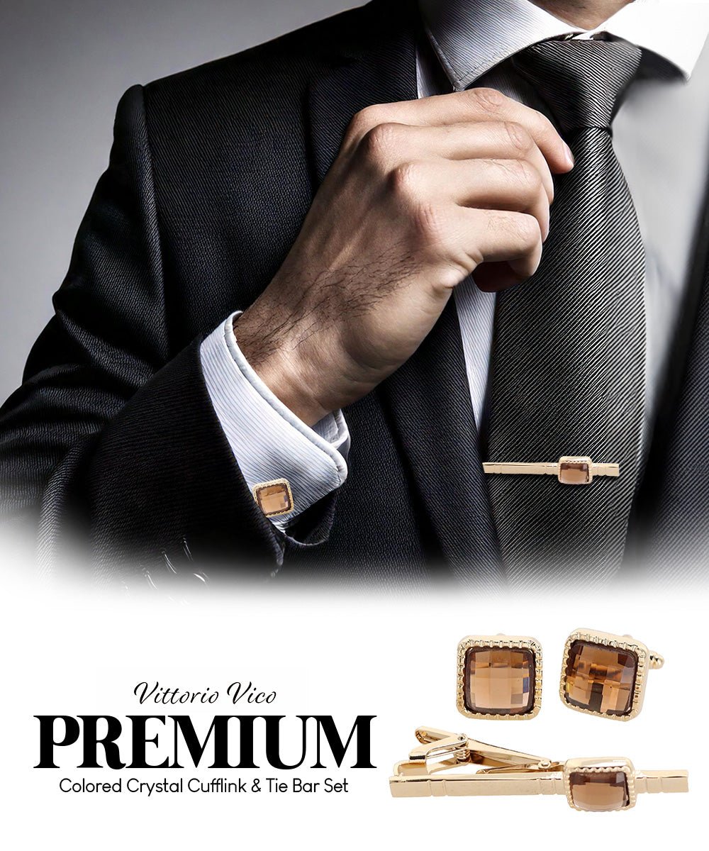 Vittorio Vico Men's Colored Crystal Cufflink & Tie Bar Set in Gift Box - Suits You Sir - Brown and Gold -