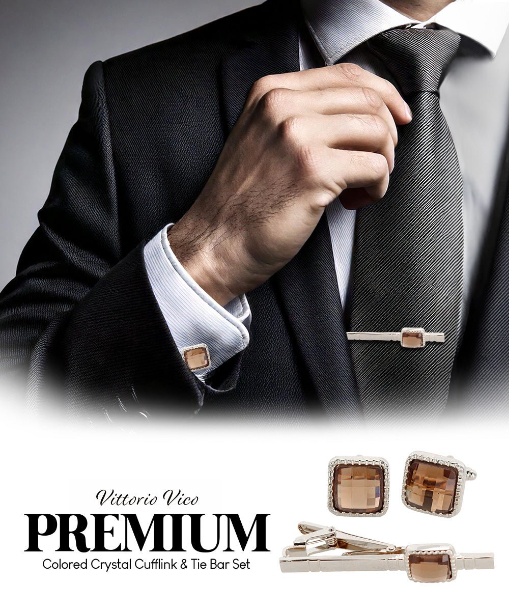 Vittorio Vico Men's Colored Crystal Cufflink & Tie Bar Set in Gift Box - Suits You Sir - Brown and Gold -