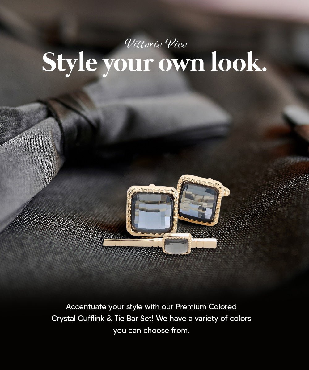Vittorio Vico Men's Colored Crystal Cufflink & Tie Bar Set in Gift Box - Suits You Sir - Charcoal and Gold -