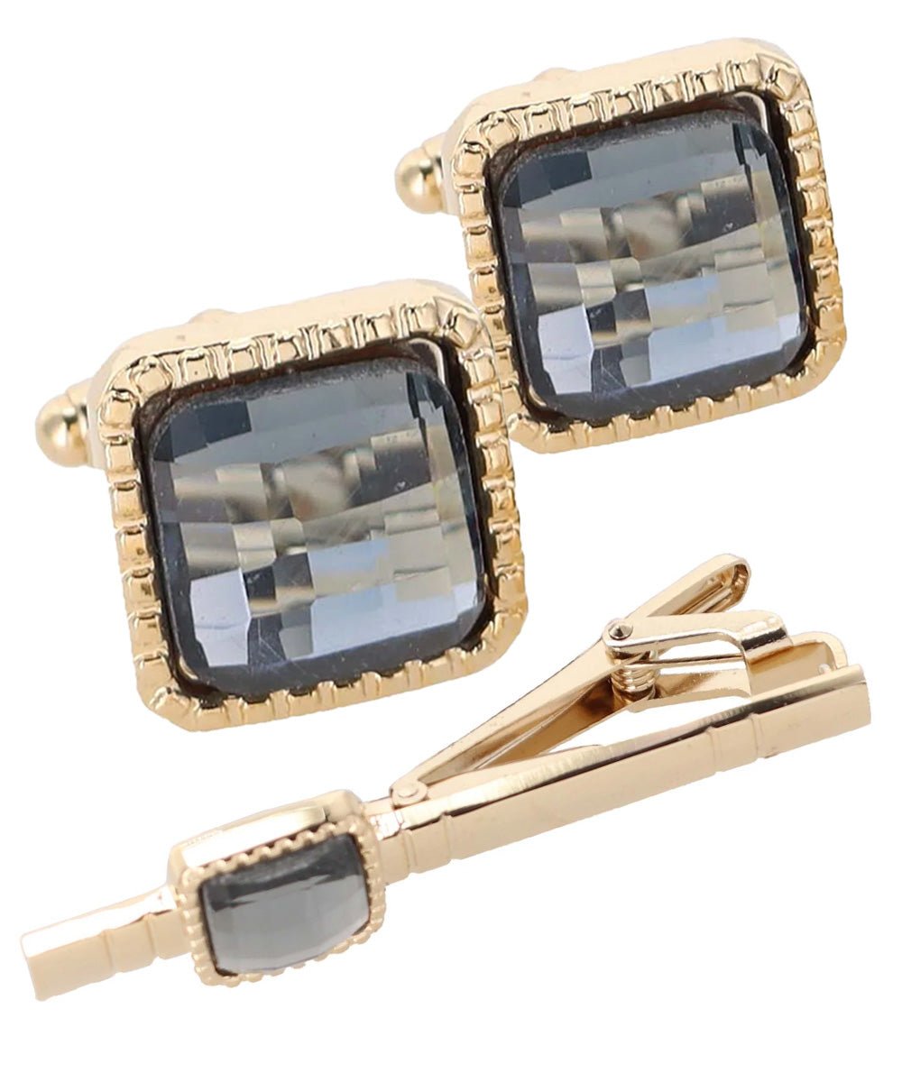 Vittorio Vico Men's Colored Crystal Cufflink & Tie Bar Set in Gift Box - Suits You Sir - Charcoal and Gold -