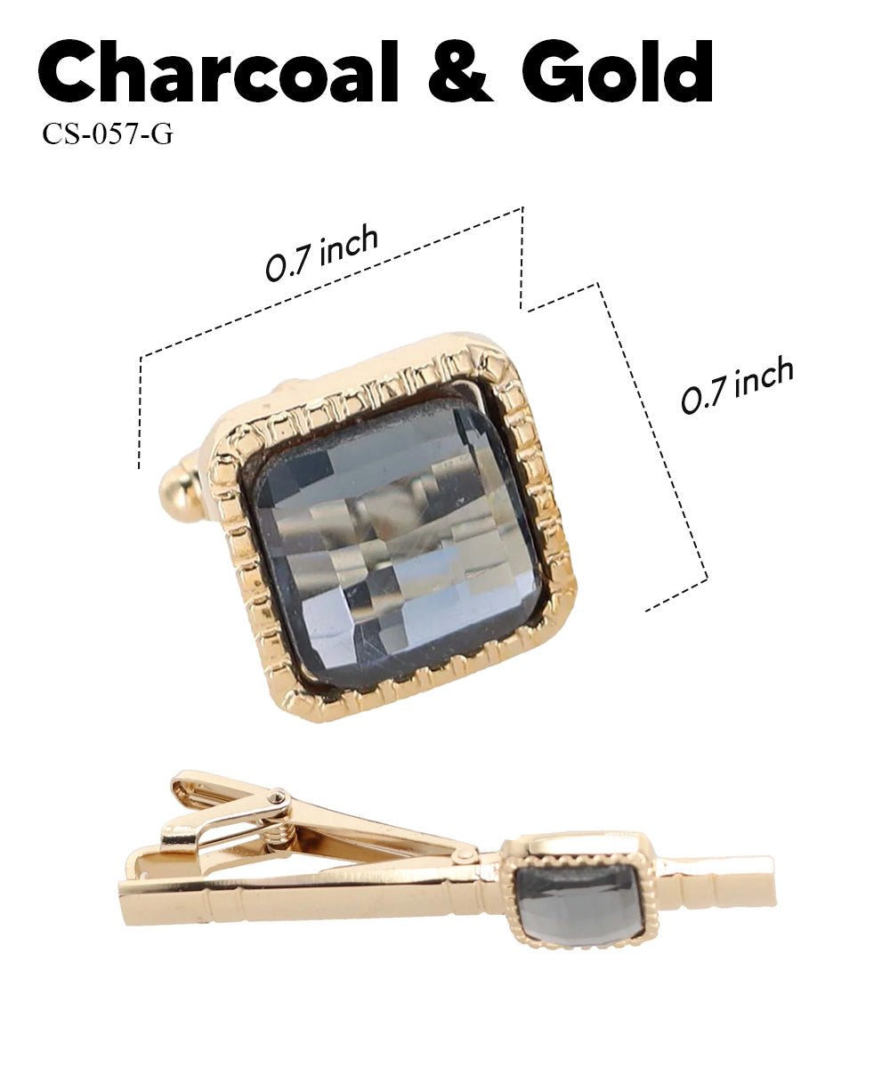 Vittorio Vico Men's Colored Crystal Cufflink & Tie Bar Set in Gift Box - Suits You Sir - Charcoal and Gold -