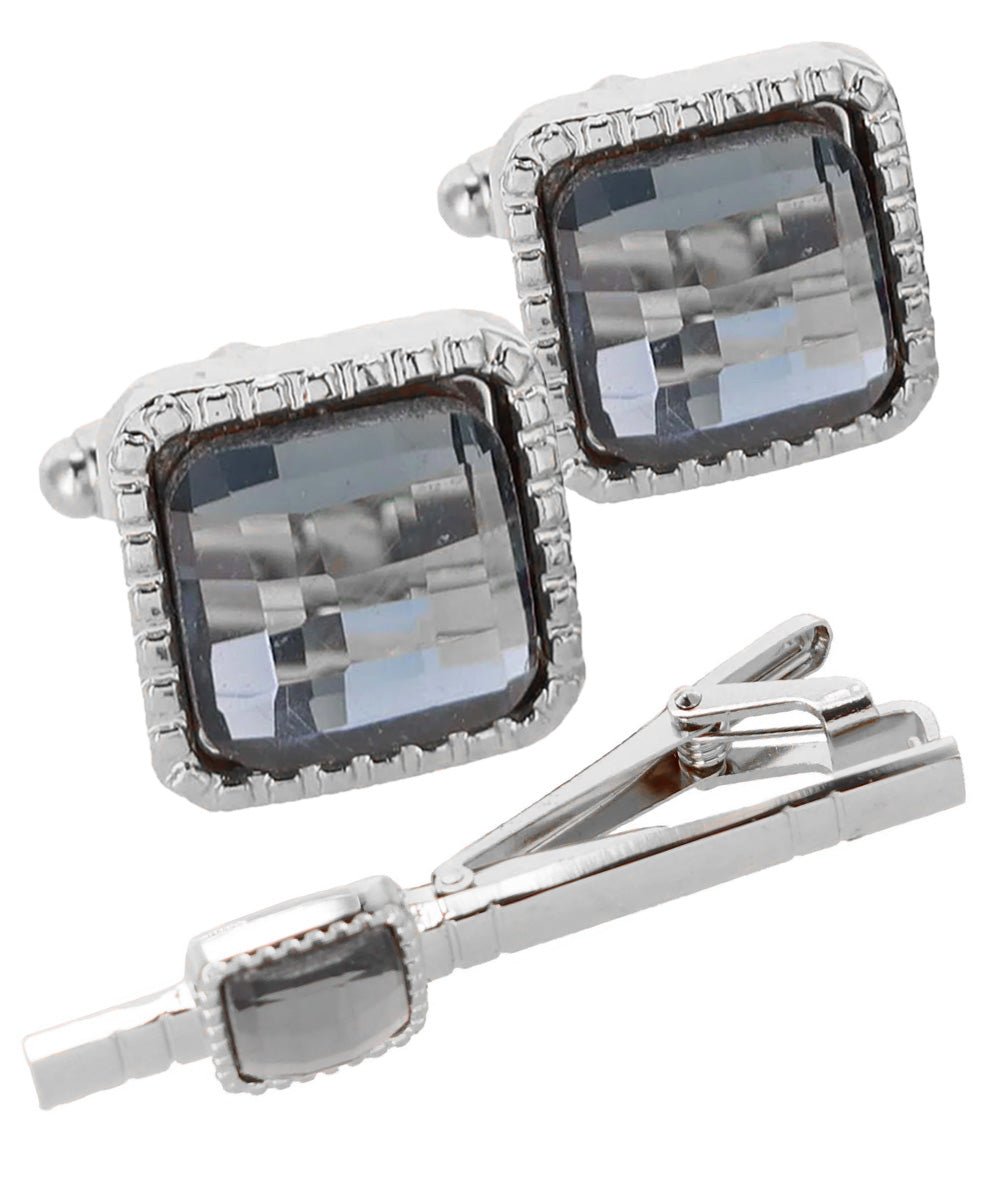 Vittorio Vico Men's Colored Crystal Cufflink & Tie Bar Set in Gift Box - Suits You Sir - Charcoal and Silver -