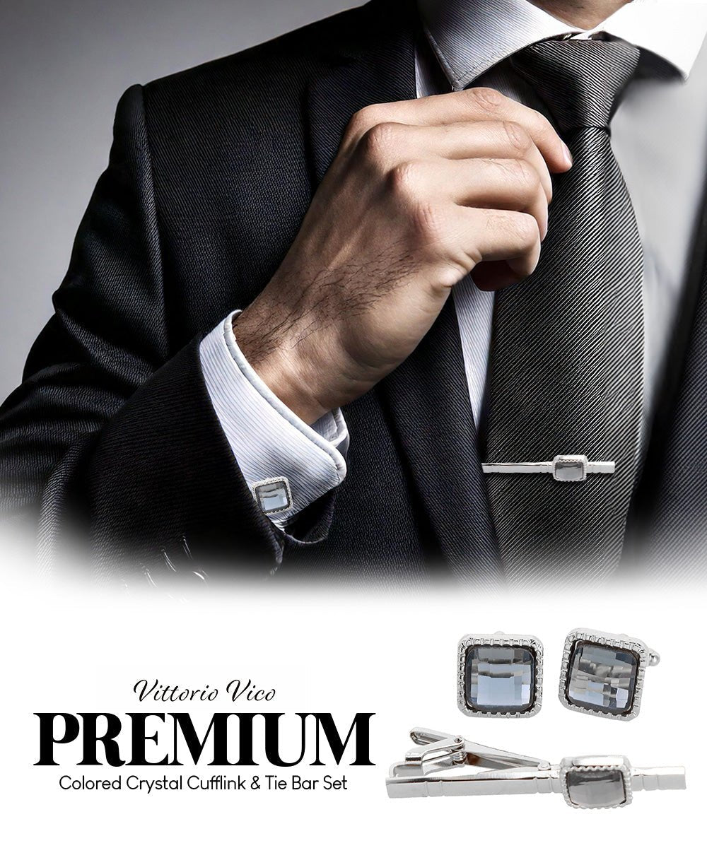 Vittorio Vico Men's Colored Crystal Cufflink & Tie Bar Set in Gift Box - Suits You Sir - Charcoal and Silver -