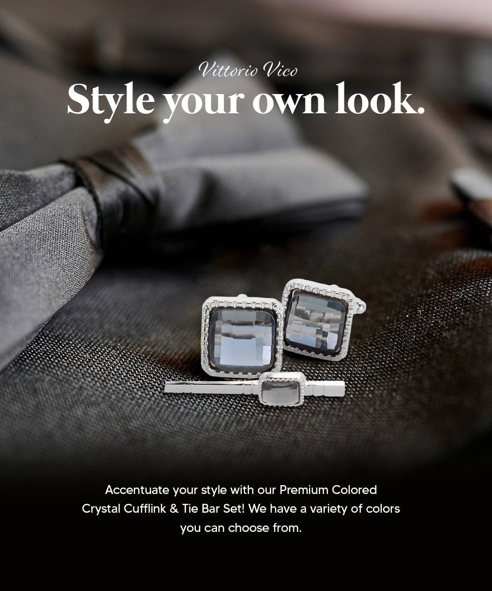 Vittorio Vico Men's Colored Crystal Cufflink & Tie Bar Set in Gift Box - Suits You Sir - Charcoal and Silver -