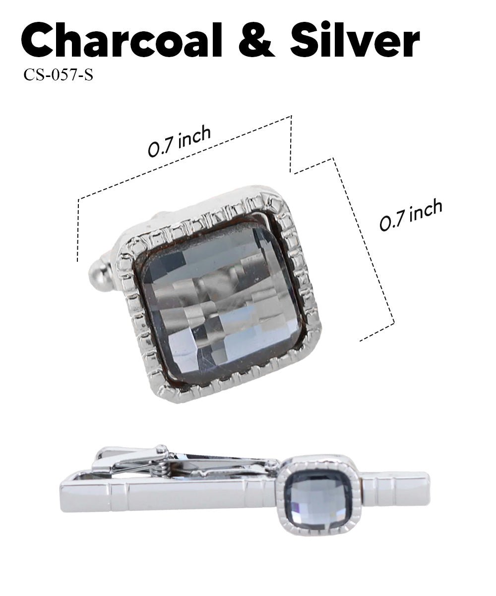 Vittorio Vico Men's Colored Crystal Cufflink & Tie Bar Set in Gift Box - Suits You Sir - Charcoal and Silver -