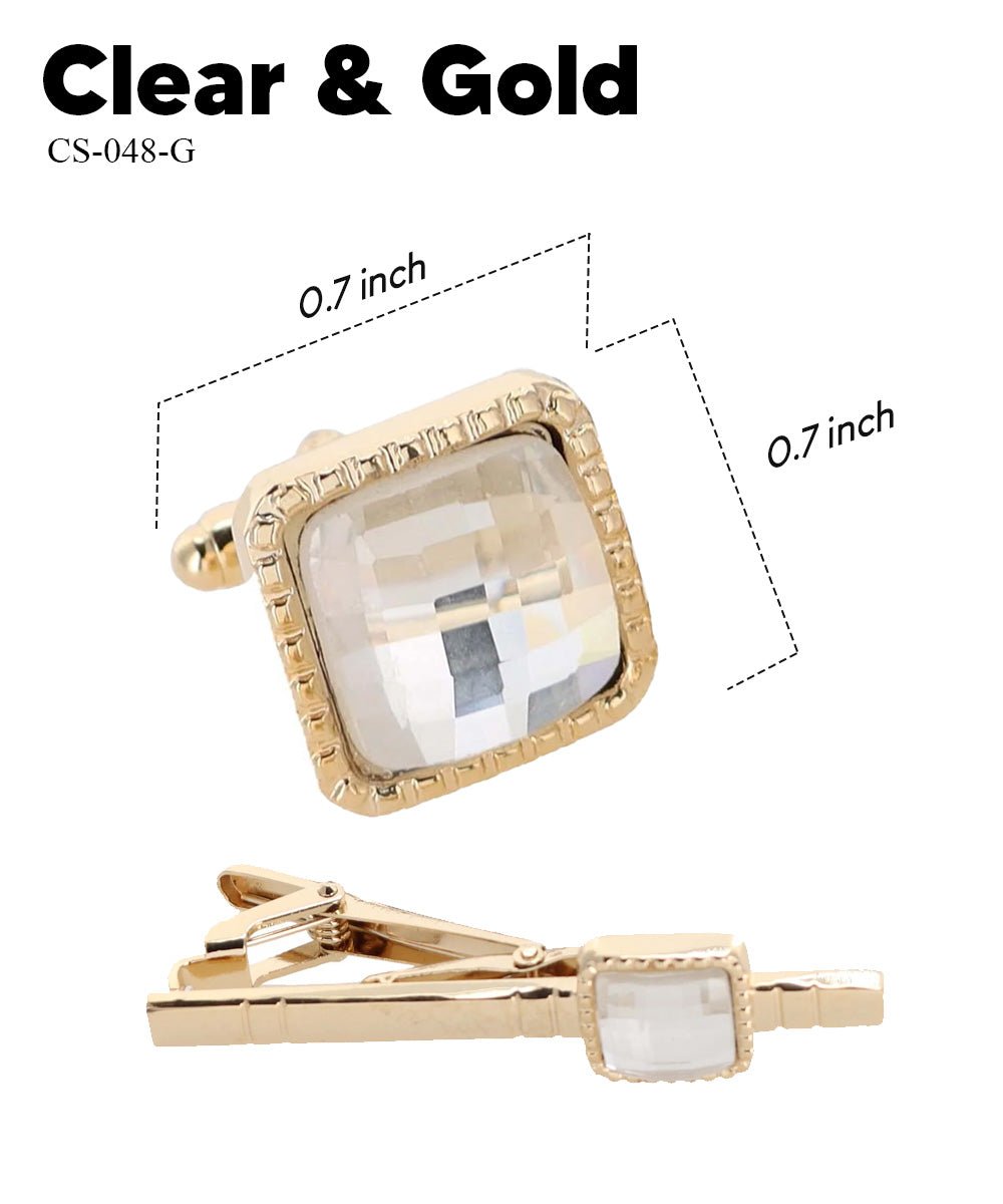 Vittorio Vico Men's Colored Crystal Cufflink & Tie Bar Set in Gift Box - Suits You Sir - Clear and Gold -